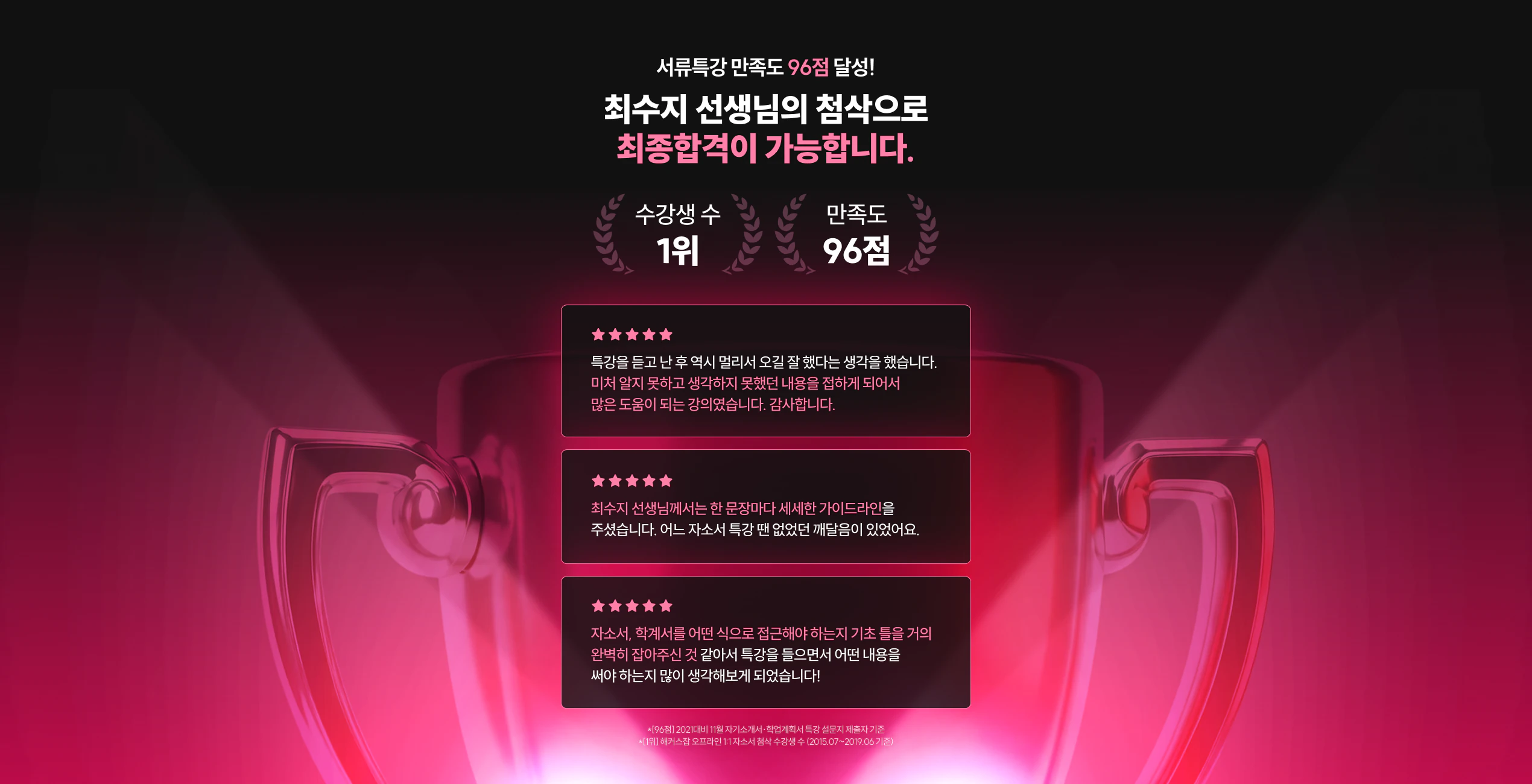 서류특강 만족도 96점 달성! 최수지 선생님의 첨삭으로 최종합격이 가능합니다.